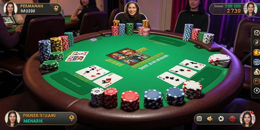 Menampilkan gameplay intens dan interaksi pemain dalam poker.