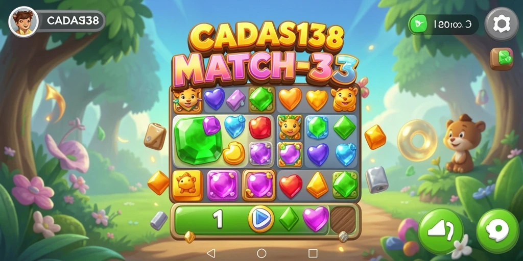Screenshot gameplay CADAS138 menampilkan kombinasi puzzle warna-warni.