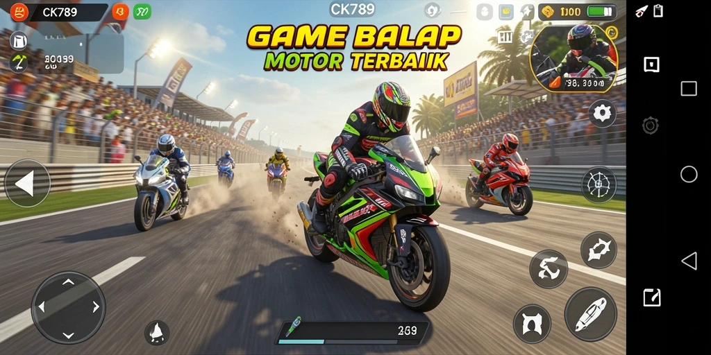 Gameplay seru CK789 dengan balapan motor yang penuh aksi.