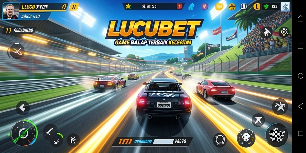 Tangkapan layar gameplay LUCUBET menampilkan aksi balapan mendebarkan.