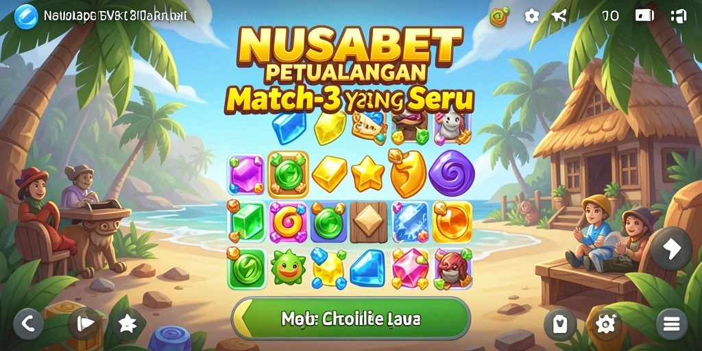 Gameplay NUSABET dengan permata berwarna cerah dan tantangan seru.