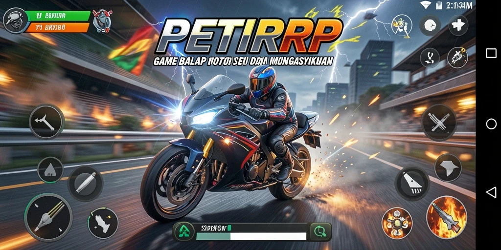 Tampilan balapan menegangkan di PETIRRP dengan sepeda motor cepat.