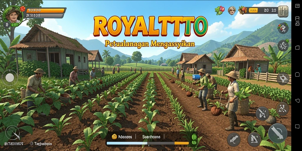 Screenshot gameplay ROYALTOTO menampilkan ladang yang subur dan aktivitas bertani.