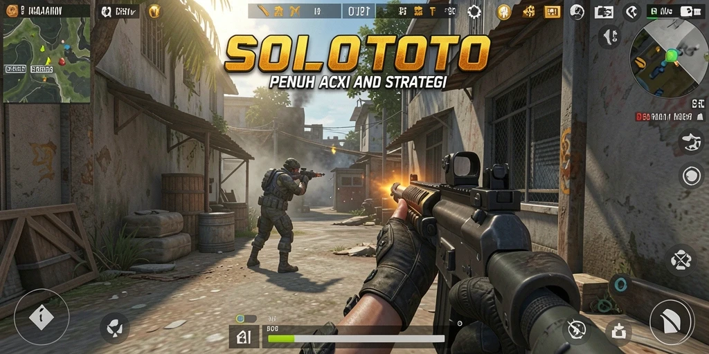 Screenshot utama SOLOTOTO menampilkan aksi tembak-menembak yang intens.