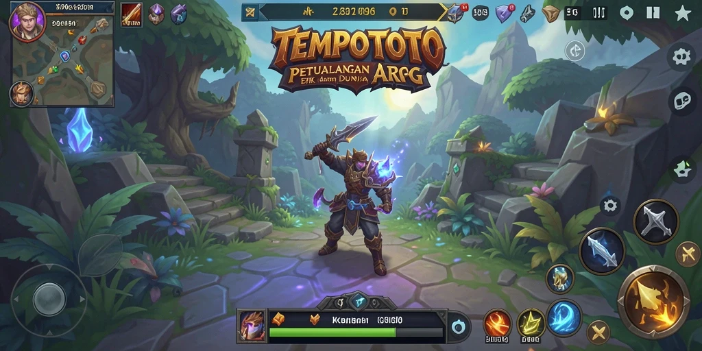 Tangkapan layar utama <strong>TEMPOTOTO</strong> menampilkan pertarungan epik antara karakter dan monster.